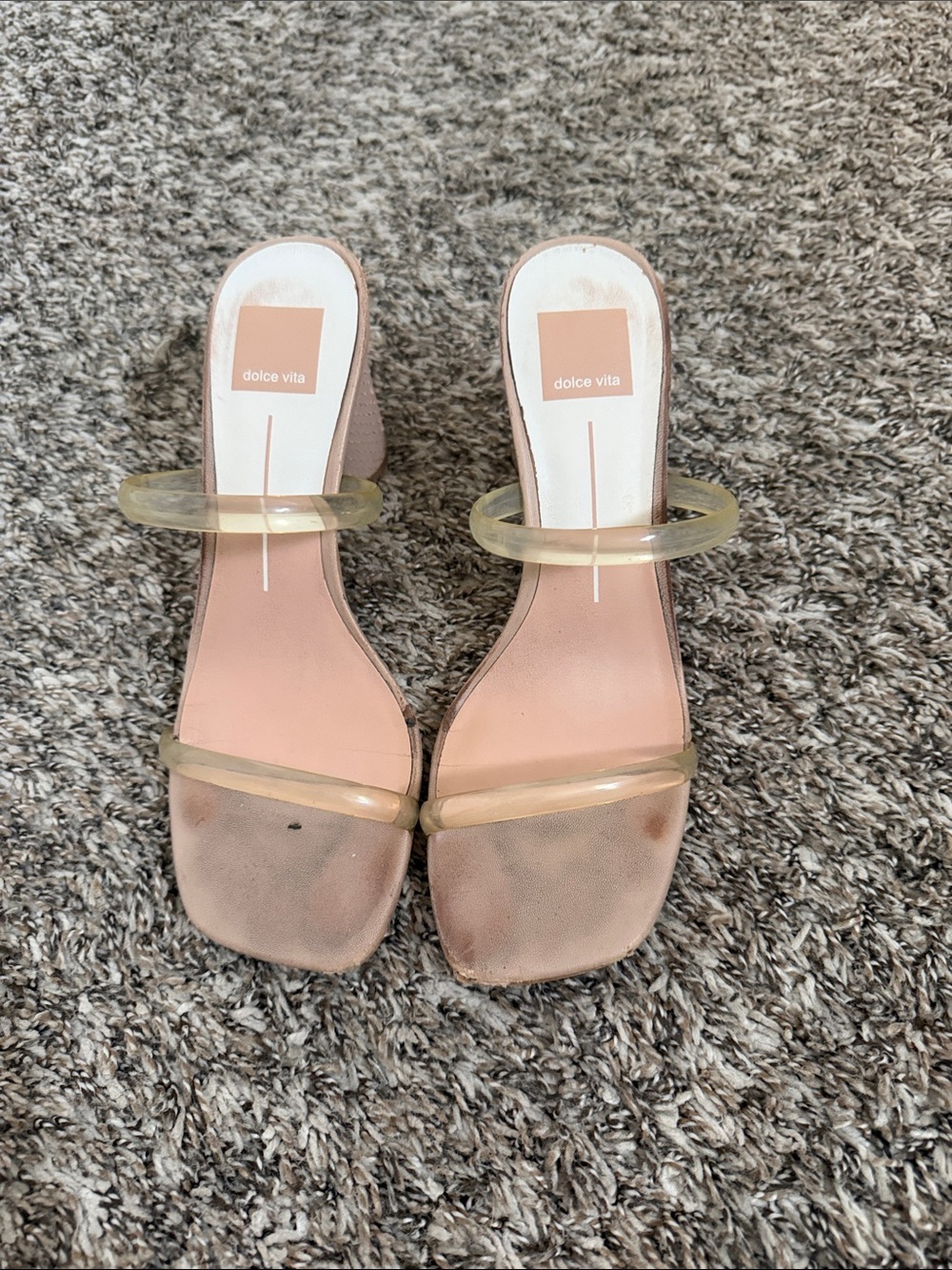 Dolce Vita Nude Slide Heels with Clear Vinyl Straps